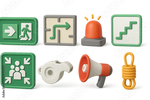 Obraz na płótnie Emergency and safety icon set – 3d style disaster response and preparedness symbols for crisis management, evacuation, rescue: exit sign, maze route w salonie