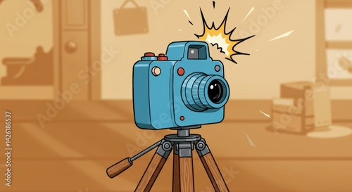 Vintage camera on tripod with flash in a cozy room setting