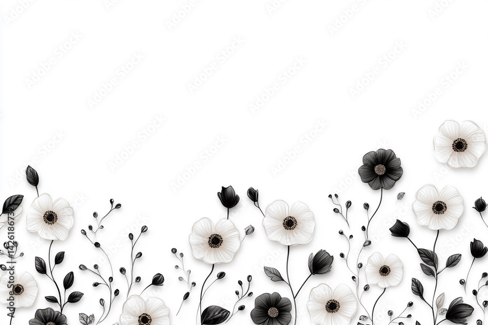 Hand-drawn botanical illustration featuring delicate flowers and leaves, showcasing intricate details in a modern design 