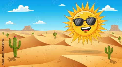 Bright cartoon sun shines over desert landscape with cacti and hills