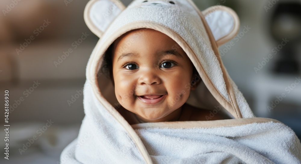 Smiling african child wrapped in bear-themed towel Smiling african child wrapped in bear-themed towel