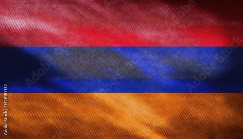 National Flag of Armenia Fluttering in a Breezy Mountain Landscape at Sunset A Vibrant Display of Red, Blue and Orange Colors, Capturing the Rich History and Cultural Pride