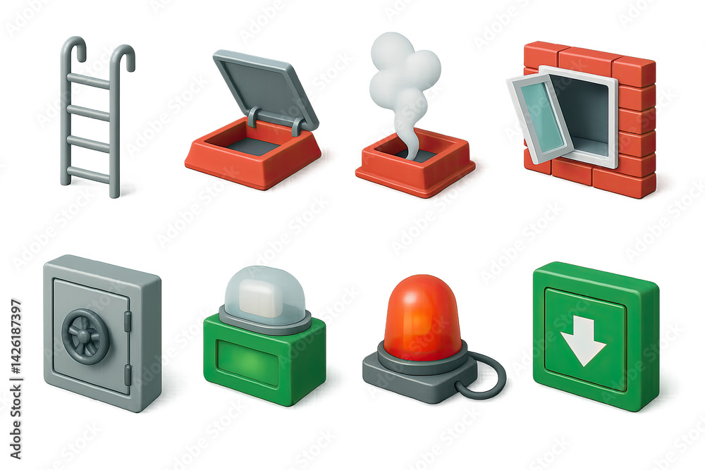 Safety equipment icon set – 3d style emergency and protection symbols for hazard response and workplace safety: ladder, emergency exit, alarm, smoke detector, safe, emergency button, fire escape