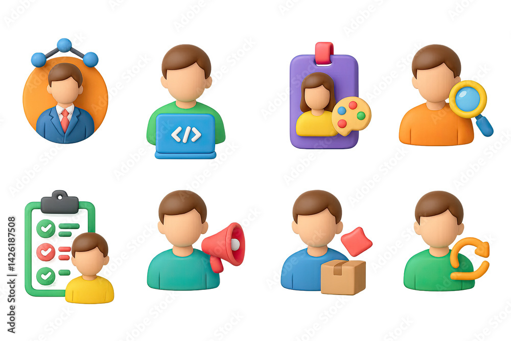 Business and office 3d icon set – professional and workflow symbols for corporate communication and task management: businessperson, developer, artist, manager, checklist, speaker, package, review