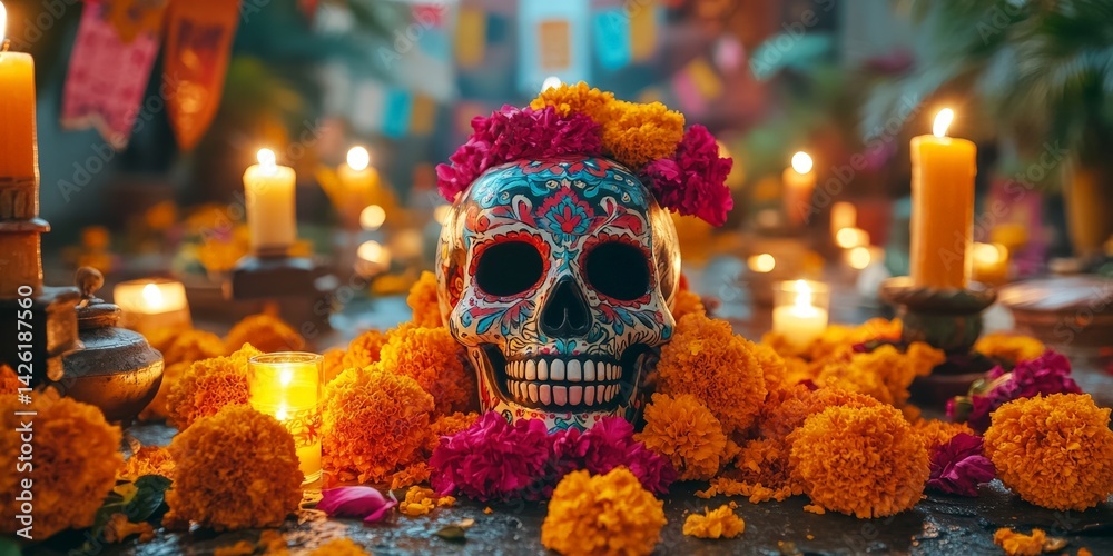 Day of the Dead celebration with colorful skull, candles, and marigolds Day of the Dead celebration with colorful skull, candles, and marigolds