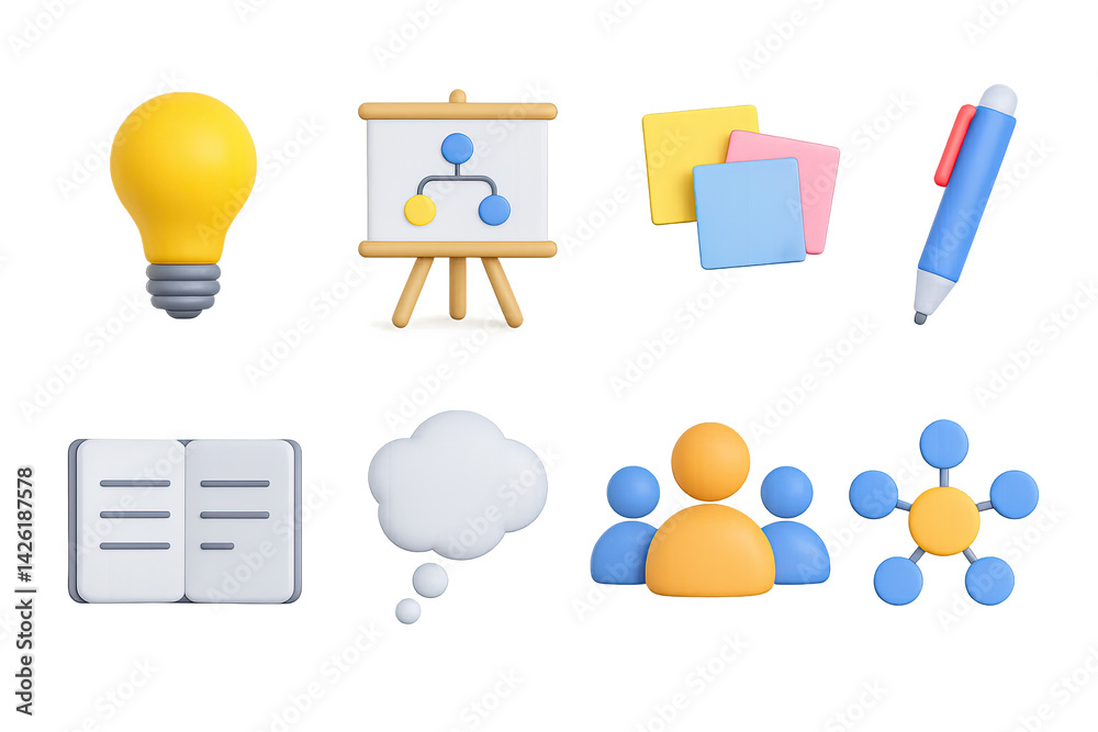 Education and learning 3d icons set – interactive symbols for study, school, and teaching: light bulb, presentation board, sticky notes, pen, open book, thought bubble, group