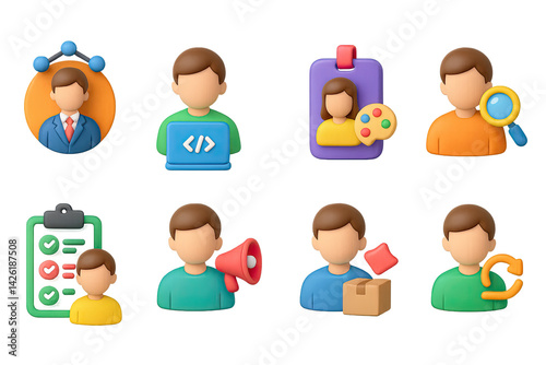 Obraz na płótnie Business and office 3d icon set – professional and workflow symbols for corporate communication and task management: businessperson, developer, artist, manager, checklist, speaker, package, review w salonie