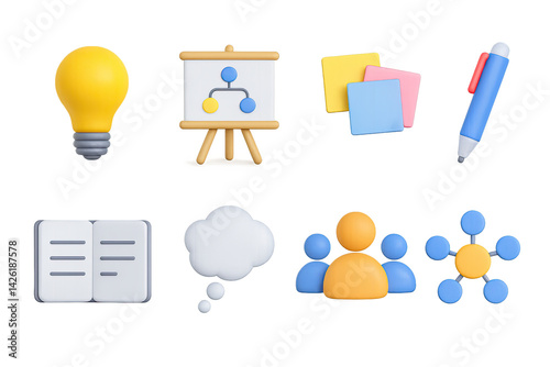 Obraz na płótnie Education and learning 3d icons set – interactive symbols for study, school, and teaching: light bulb, presentation board, sticky notes, pen, open book, thought bubble, group w salonie