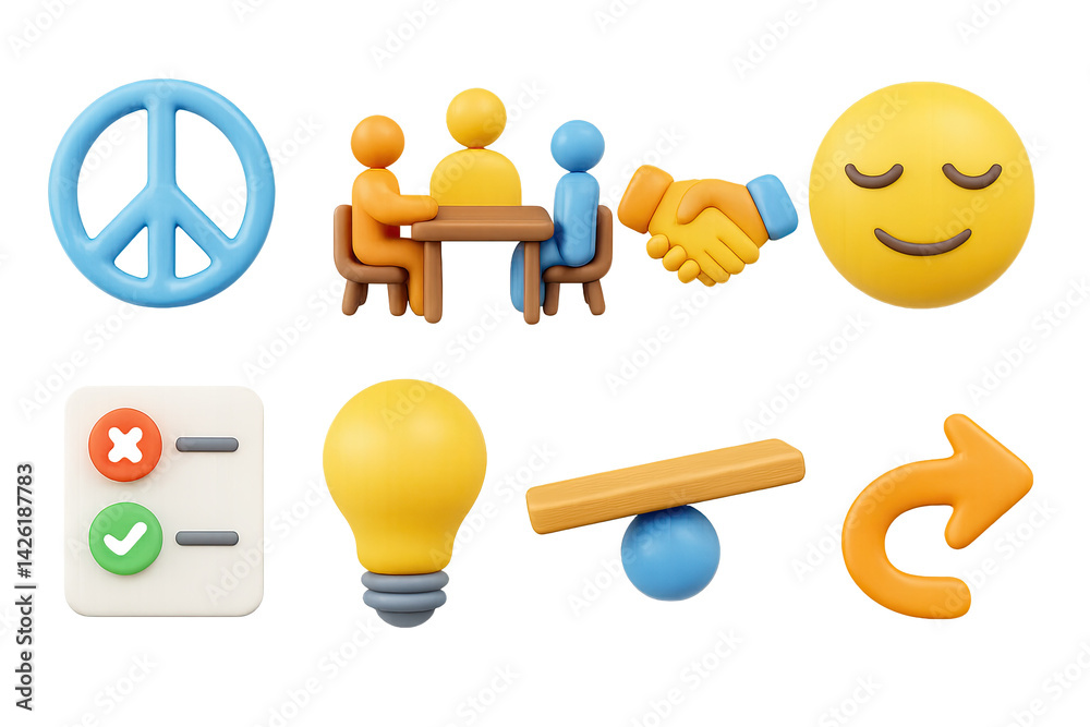 Communication and interaction icon set – 3d style conversation, teamwork, handshake, emoji, checklist, idea, balance, refresh icons