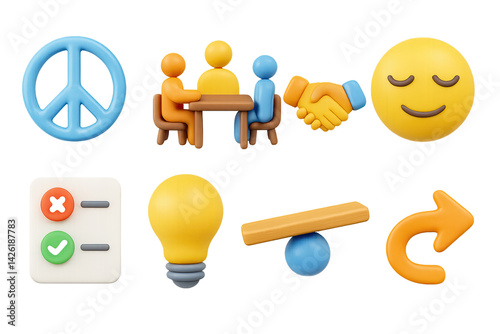 Obraz na płótnie Communication and interaction icon set – 3d style conversation, teamwork, handshake, emoji, checklist, idea, balance, refresh icons w salonie
