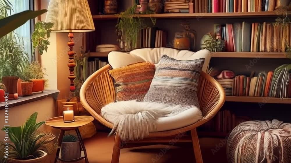 Boho-Leseecke mit Stehlampe und Bücherregal