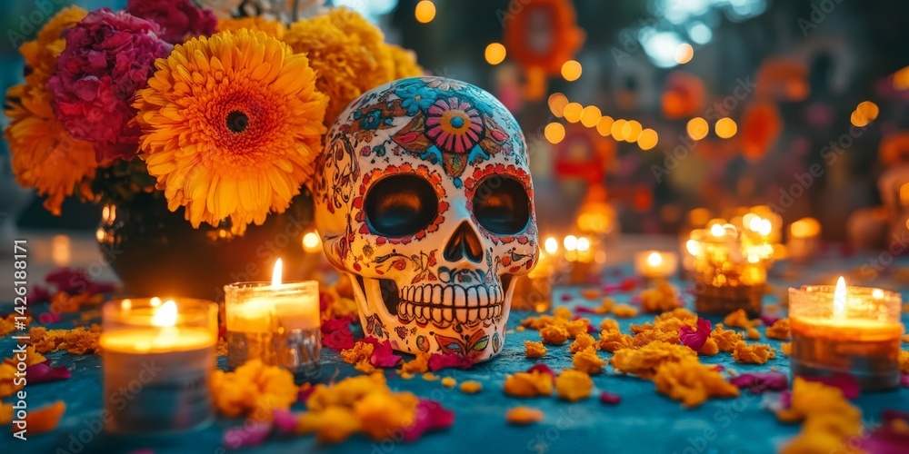 Day of the Dead celebration with decorated skull, candles, and marigold flowers symbolizing remembrance Day of the Dead celebration with decorated skull, candles, and marigold flowers symbolizing remembrance