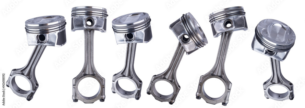 st collection of pistonand connecting con rod made of metal isolated on white background. car engine or motor spare part repair service concept