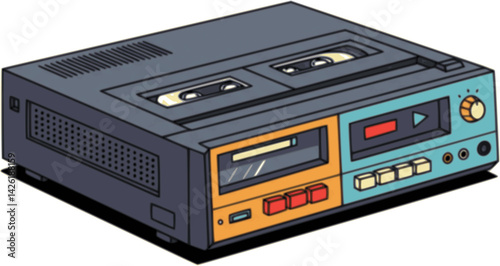 Retro boombox cassette tape player, vibrant pop art style vector illustration for classic music and vintage design
