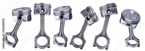 Obraz na płótnie st collection of pistonand connecting con rod made of metal isolated on white background. car engine or motor spare part repair service concept w salonie