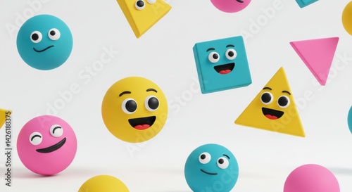 Colorful geometric shapes and cheerful faces in playful arrangement
