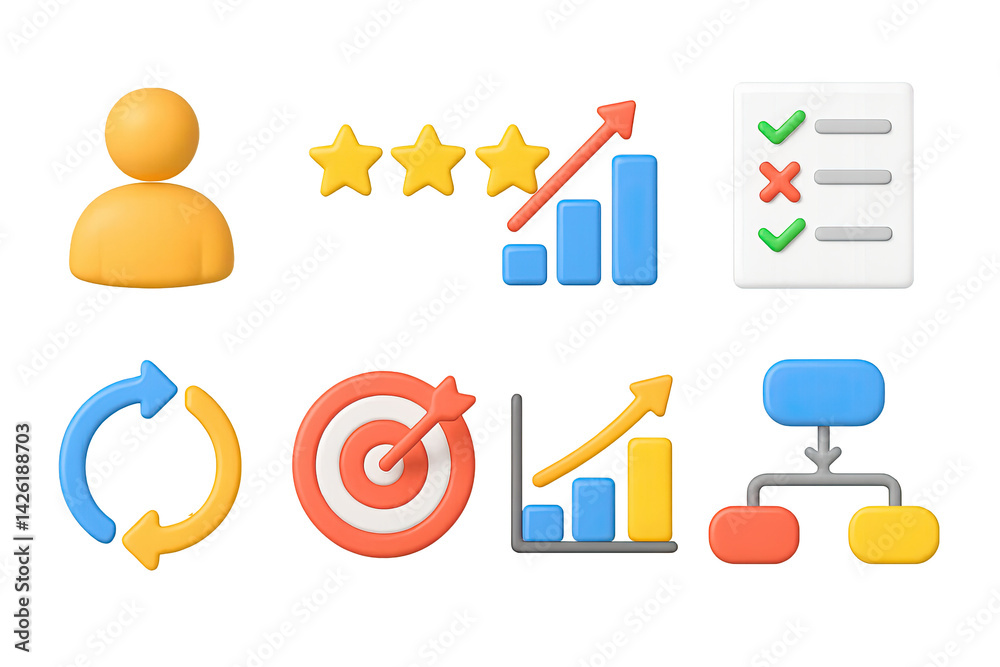 Business and productivity icon set – 3d style efficiency tools for workflow optimization, analytics, and management: user, star rating, graph, checklist, flowchart, target