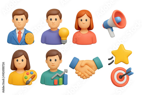 Obraz na płótnie Business and marketing 3d icons set – professional and promotional visuals for corporate identity and advertising: handshake, megaphone, target, chart, lightbulb, star, paint palette w salonie