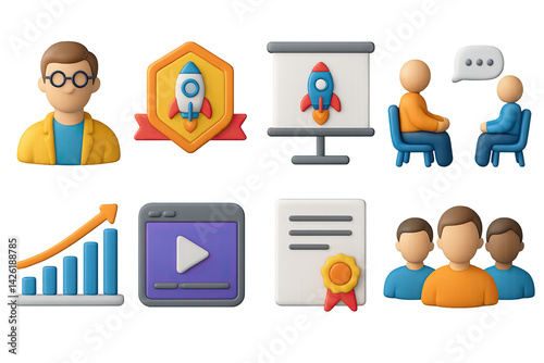 Obraz na płótnie Business and startup icon set – 3d style symbols for corporate strategy, innovation, and growth: presentation, teamwork, rocket, chart, badge, video, document, meeting w salonie