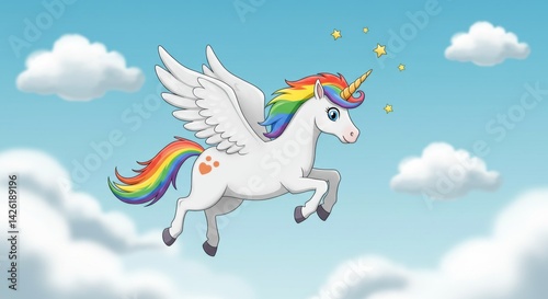 Colorful unicorn flying through a bright sky surrounded by fluffy clouds