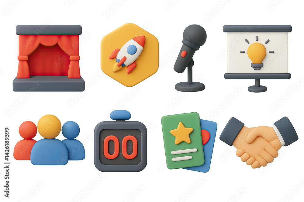 Startup and innovation icon set – 3d style business and entrepreneurship symbols for creative projects, presentations, and networking: stage, rocket, microphone, presentation