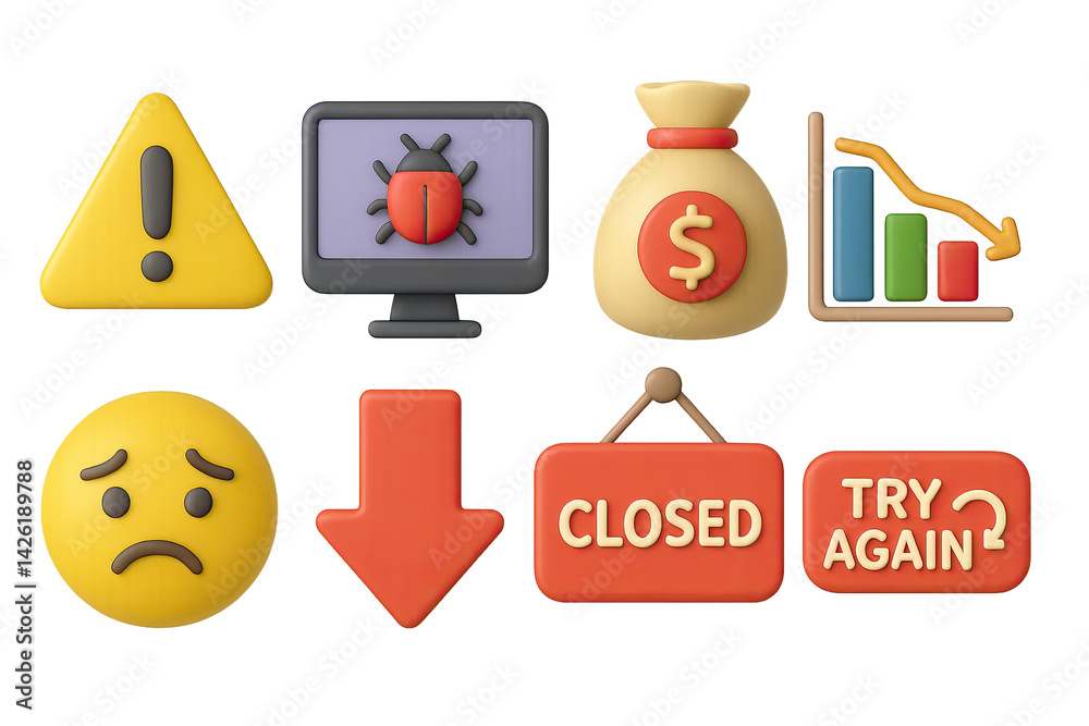 Business challenges icon set – 3d style for risk management and market analysis: warning, bug, money bag, declining chart, sad face, arrow down, closed sign, try again