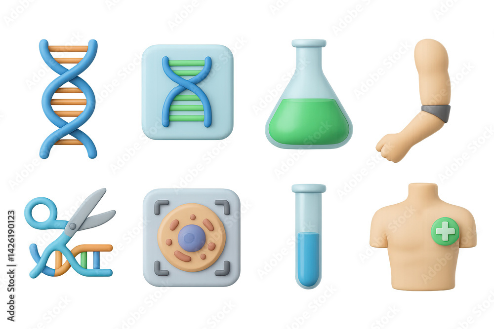 Genetic research icon set – 3d style icons for dna analysis and laboratory studies: dna strand, test tube, beaker, microscope, arm prosthetic, genome, scissors, medical test