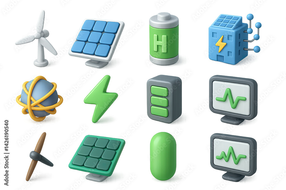 Renewable energy icon set - 3d style eco-friendly energy sources and technology symbols: wind turbine, solar panel, hydrogen battery, power plant, electric bolt, graph display