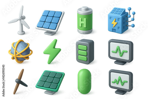Obraz na płótnie Renewable energy icon set - 3d style eco-friendly energy sources and technology symbols: wind turbine, solar panel, hydrogen battery, power plant, electric bolt, graph display w salonie