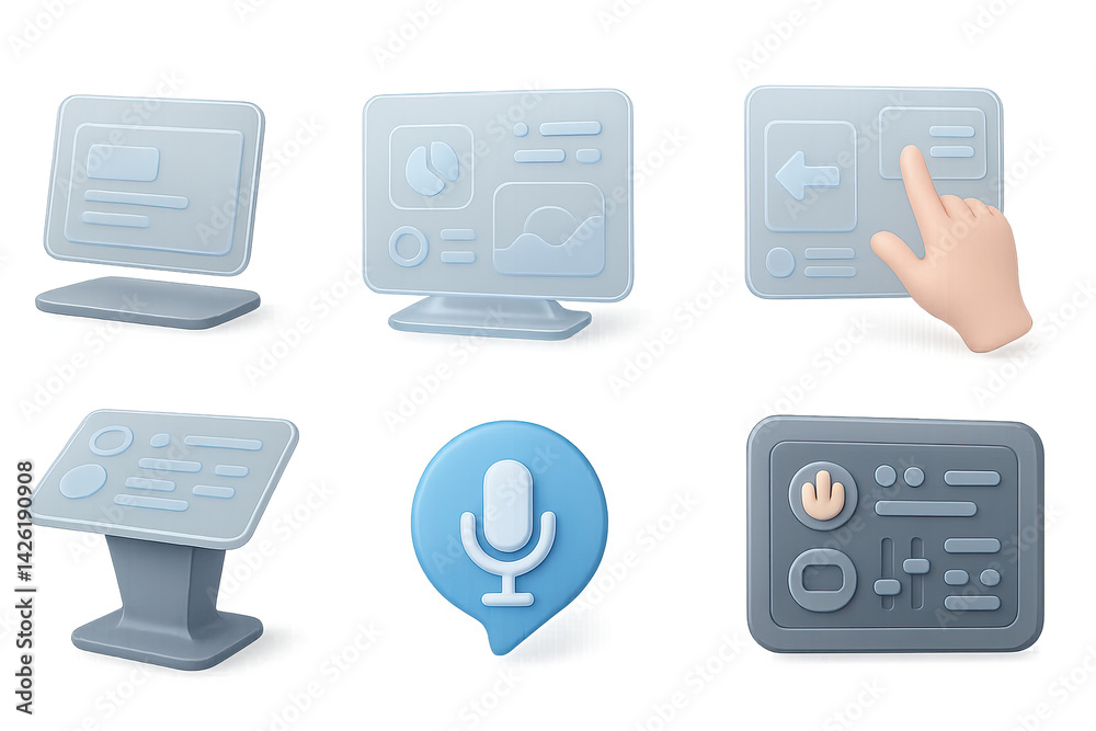 User interface icon set - 3d editable interface elements for digital design: monitor, touchscreen, hand pointer, console, microphone, control panel