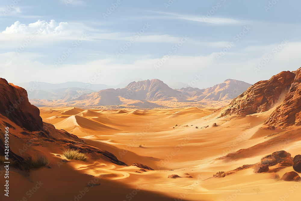 Naklejka premium Desert landscape with sand dunes and rocky hills under a blue sky.