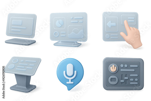Obraz na płótnie User interface icon set - 3d editable interface elements for digital design: monitor, touchscreen, hand pointer, console, microphone, control panel w salonie