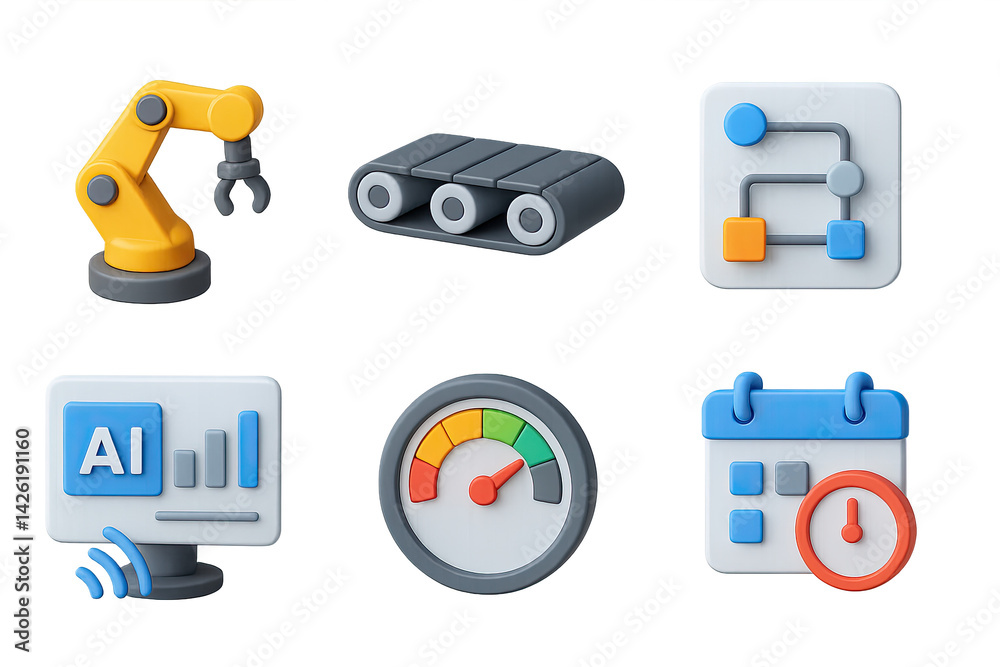 Automation and workflow 3d icon set – streamline industrial processes and digital efficiency symbols for enhanced productivity: robotic arm, conveyor belt, flowchart, ai chart, speedometer, calendar
