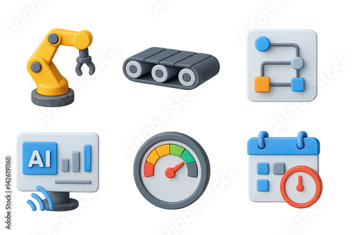 Automation and workflow 3d icon set – streamline industrial processes and digital efficiency symbols for enhanced productivity: robotic arm, conveyor belt, flowchart, ai chart, speedometer, calendar