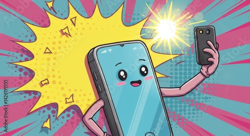 Smartphone character takes a selfie against a vibrant comic book background