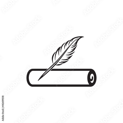 Simple scroll and quill line icon. Education, history, literature, legal, and ancient wisdom symbol. Minimalist vector.