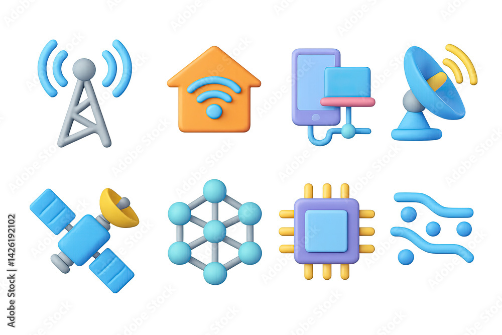 Technology and communication icon set – 3d style network and connectivity symbols: antenna, wi-fi, smartphone, satellite dish, satellite, network, microchip, circuit