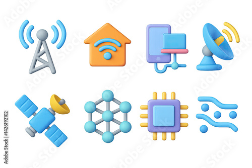 Obraz na płótnie Technology and communication icon set – 3d style network and connectivity symbols: antenna, wi-fi, smartphone, satellite dish, satellite, network, microchip, circuit w salonie