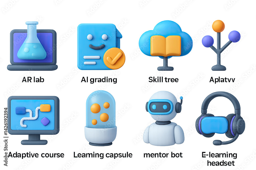 Educational technology 3d icons set – interactive learning and online education visuals: ai grading, ar lab, skill tree, adaptive course, learning capsule, mentor bot, e-learning headset