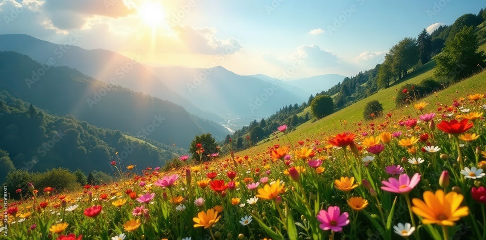 Fototapeta premium Sun-drenched hillside awash with colorful spring blooms , field, landscape, sunlight