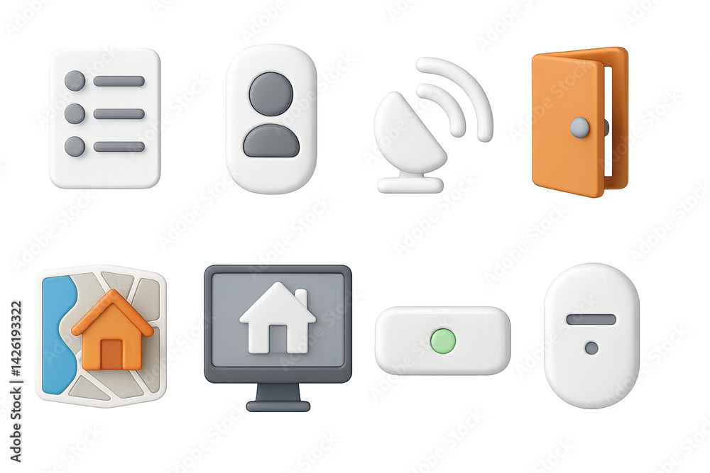 Home automation icon set – 3d smart home and iot symbols for connected living: smart speaker, security camera, light control, smart door, thermostat, map, monitor