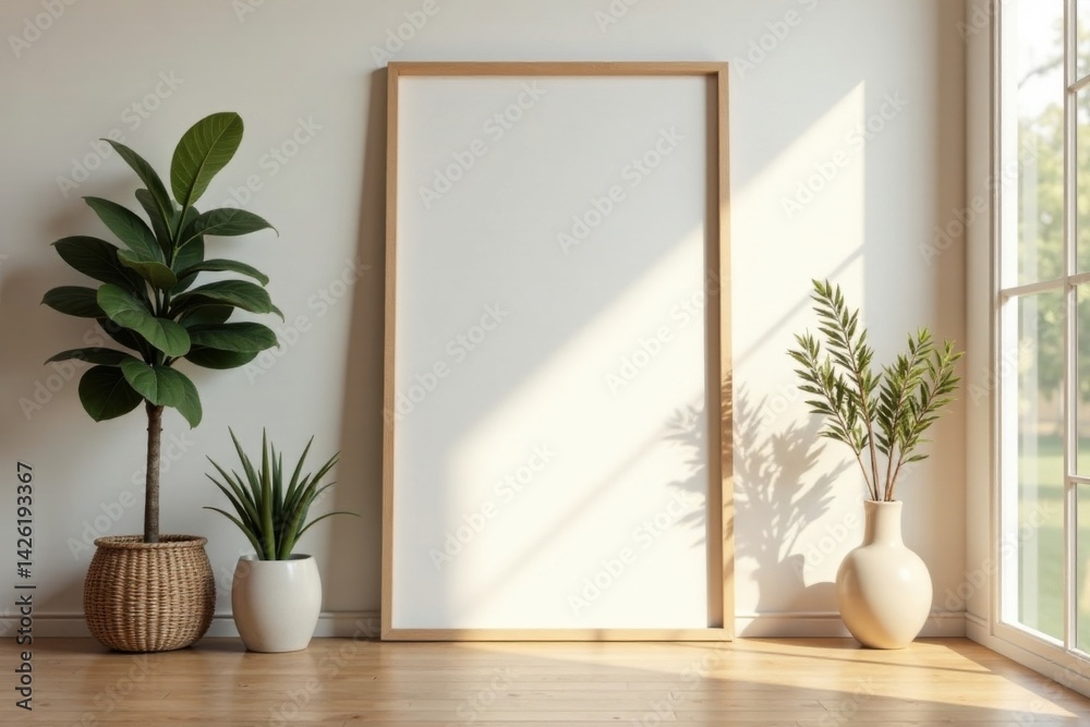 Modern minimalist interior design featuring a large blank frame, potted plants, and natural light illuminating a hardwood floor