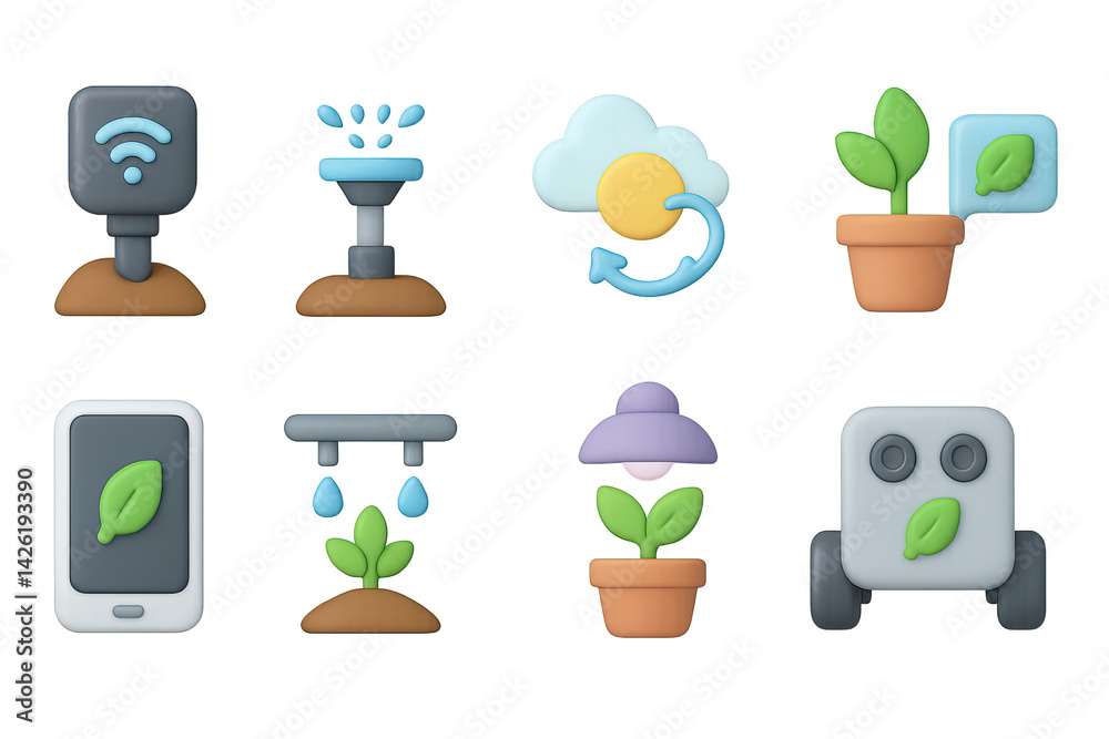 Eco-friendly gardening icons set – 3d sustainable agriculture and plant care symbols for green living: wi-fi, sprinkler, cloud sync, potted plant, mobile app, robot