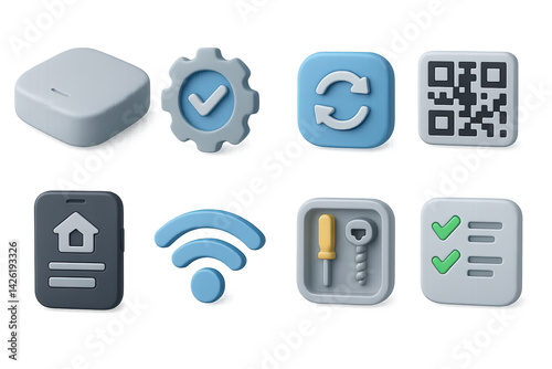 Obraz na płótnie Smart home technology icon set – 3d style home automation and iot symbols for modern living: smart hub, settings cog, sync, qr code, mobile app, wifi, tools, checklist w salonie