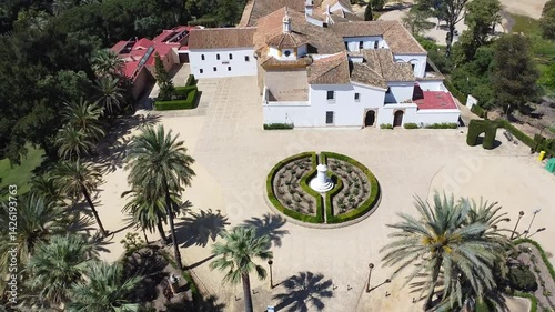 Aerial drone view of Santa Maria monastery in La Rabida. Rabida Monastery is a Franciscan monastery in the village of Palos de la Frontera, Huelva