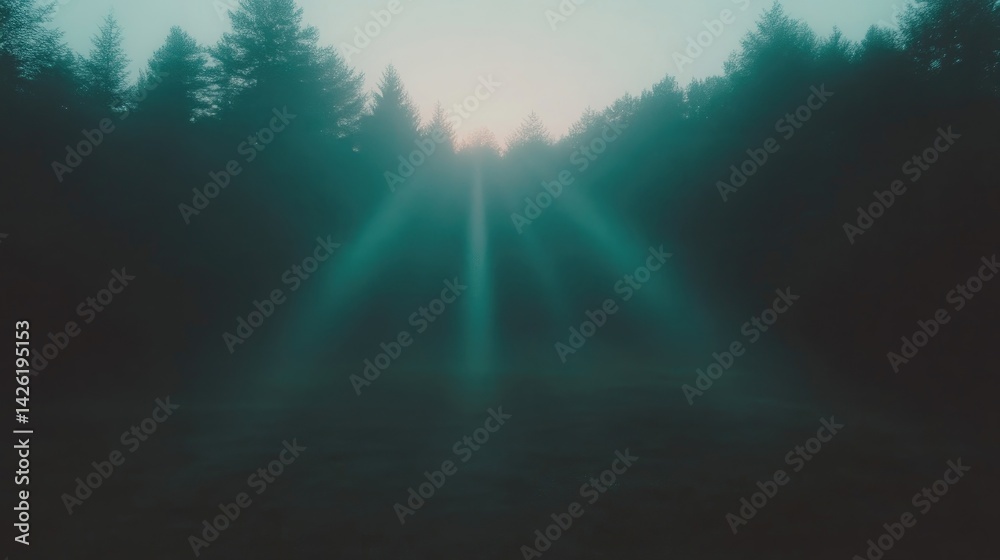 Fototapeta premium Mystical forest sunrise, sunbeams piercing fog