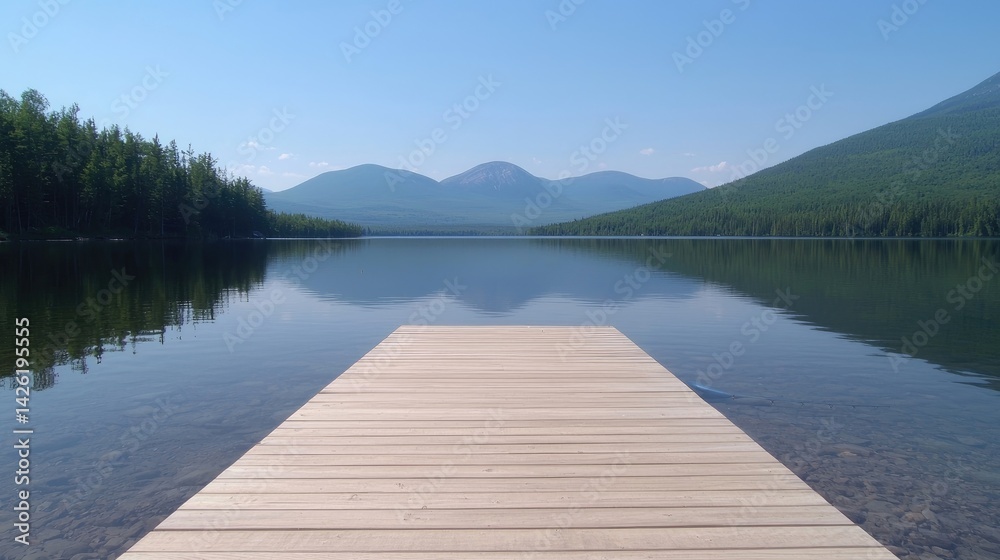 Obraz premium Calm lake, wooden dock, mountains