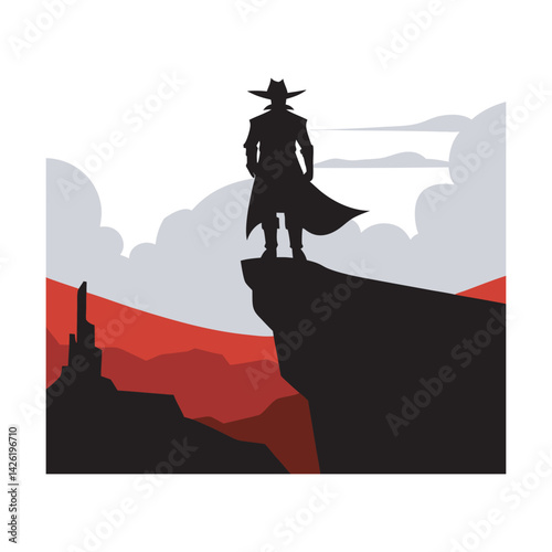Heroic cowboy on cliff with horse