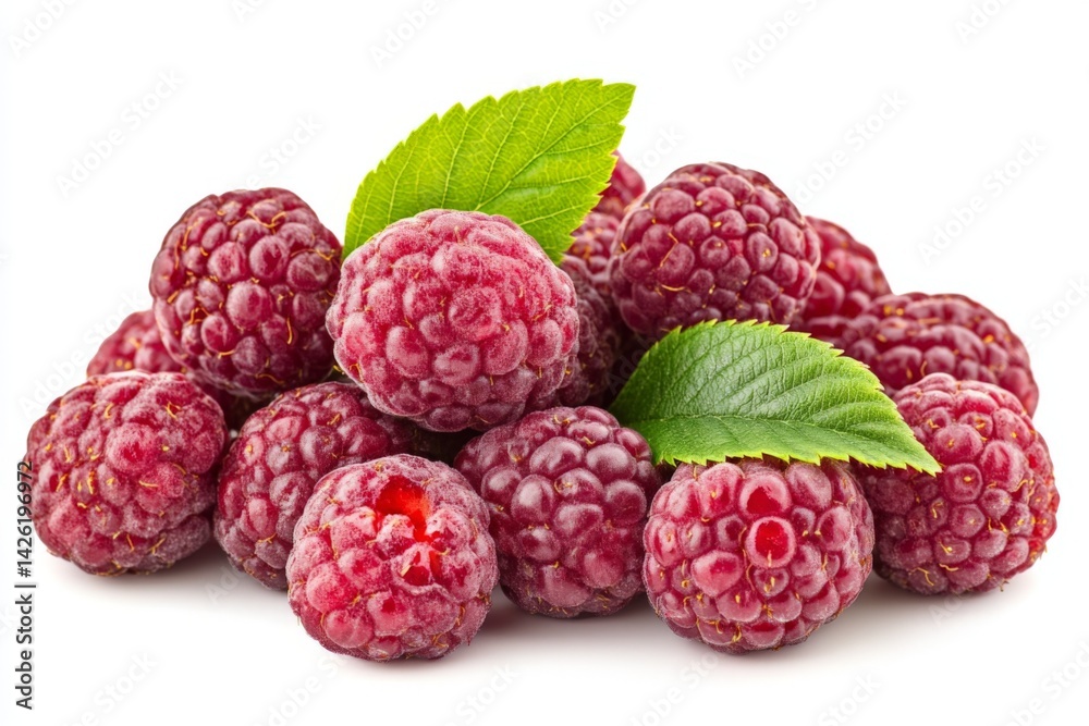Fresh raspberries with green leaves stacked on a white background highlighting their vibrant color and delicious texture Fresh raspberries with green leaves stacked on a white background highlighting their vibrant color and delicious texture