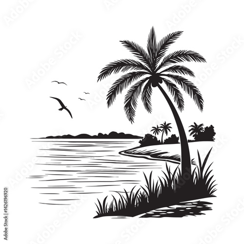 Tropical lagoon vector landscape silhouette art
